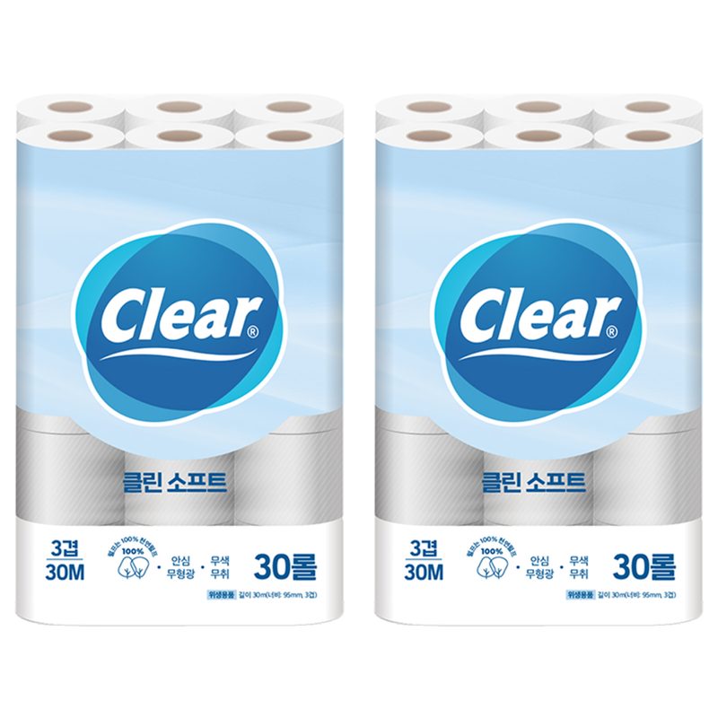 광진클리어 3겹 클린 소프트 천연펄프 화장지, 30m, 30롤, 2개