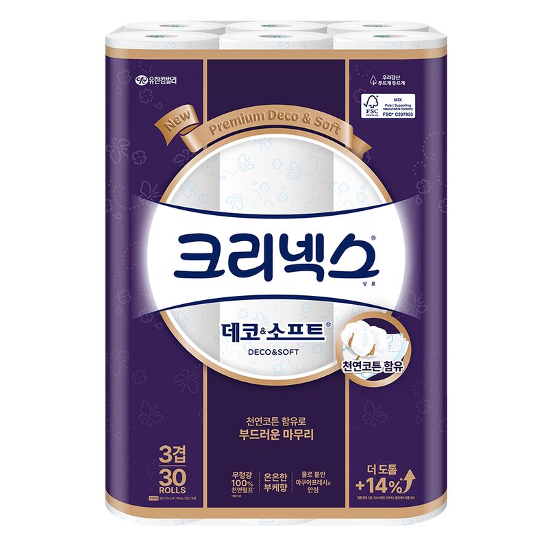 크리넥스 천연펄프 3겹 데코 앤 소프트 화장지, 27m, 30롤, 1개