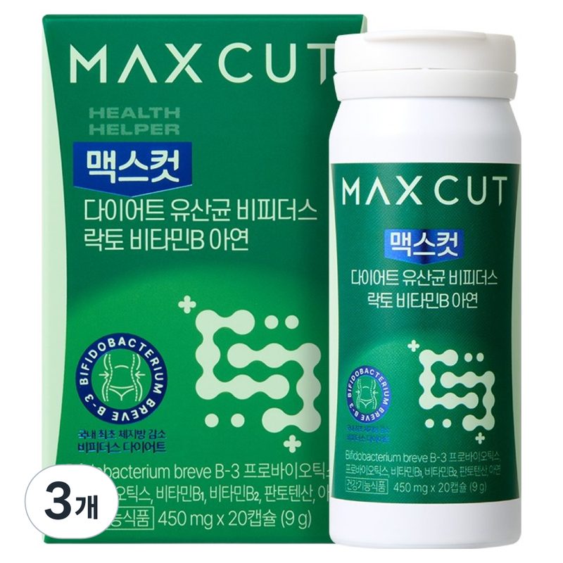 헬스헬퍼 맥스컷 다이어트 유산균 비피더스 락토 비타민B 아연 9g, 3개