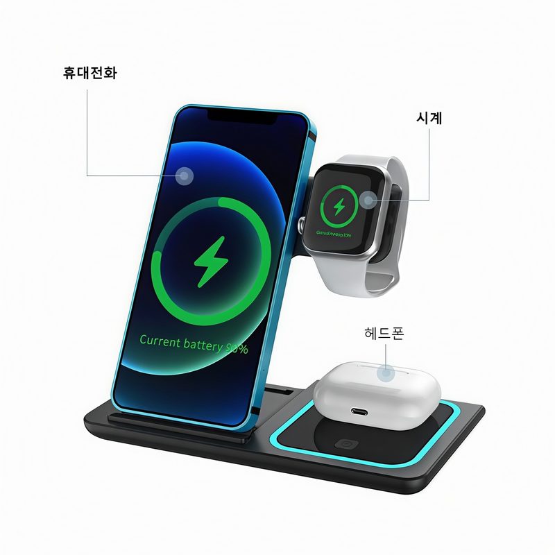 GLYXON 접이식 무선 충전기 아이폰 고속충전 거치대 휴대용 3in1 