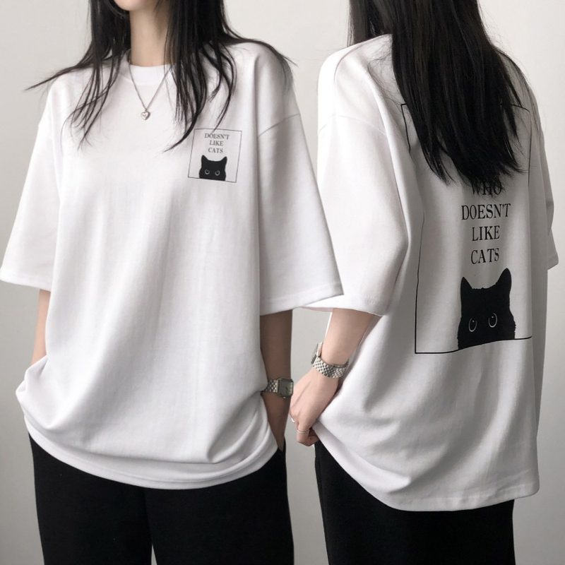 레이디스룸 국산 특양면 ~2XL 오버핏 고양이 프린팅 빅사이즈 박스 반팔