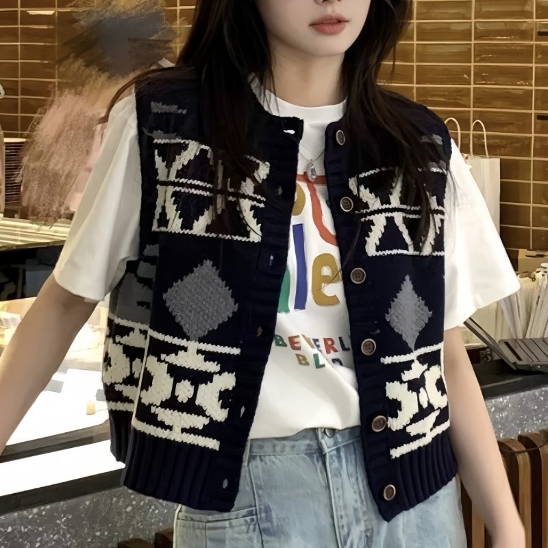 SUNALIFE 여자 레이어드 니트 조끼 베스트 아메카지 감성 패턴 루즈