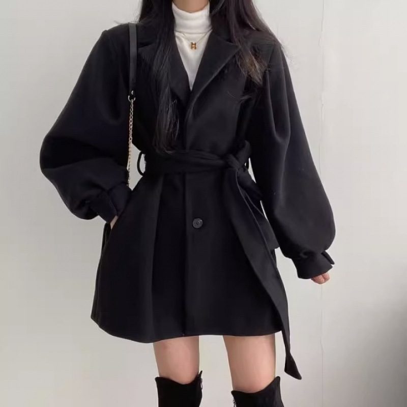 SAHINER 여성 긴팔 코트 날씬해 오버핏 보이는 소매 벌룬 모직 코트
