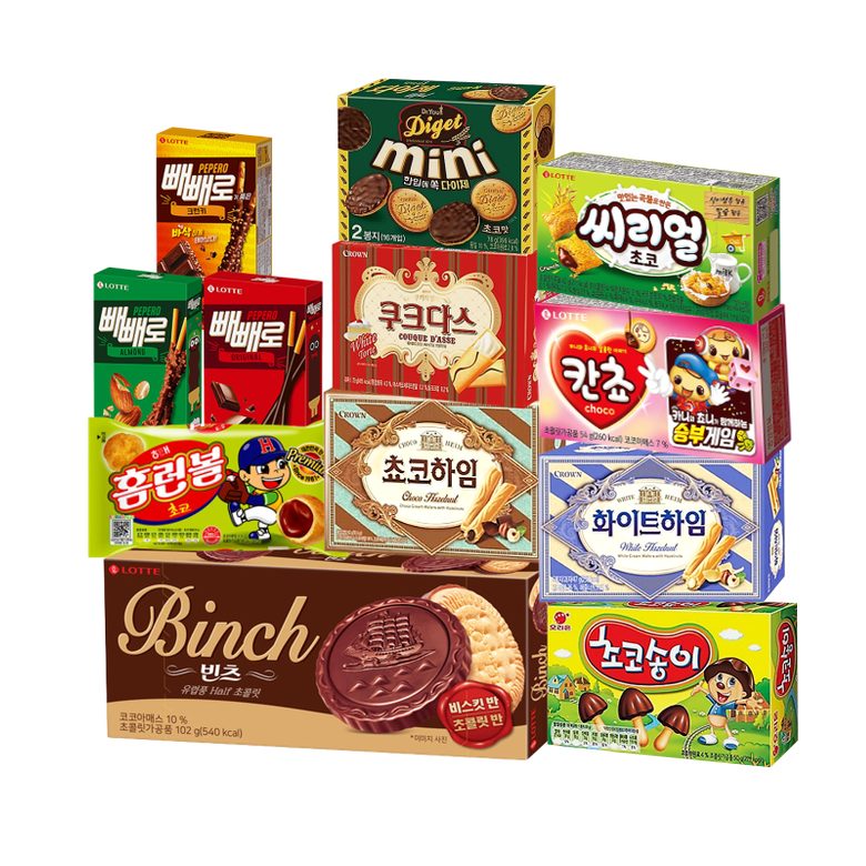 곽과자12종세트_빼빼로3종+홈런볼+빈츠+다이제미니+쿠크다스+쵸코하임+화이