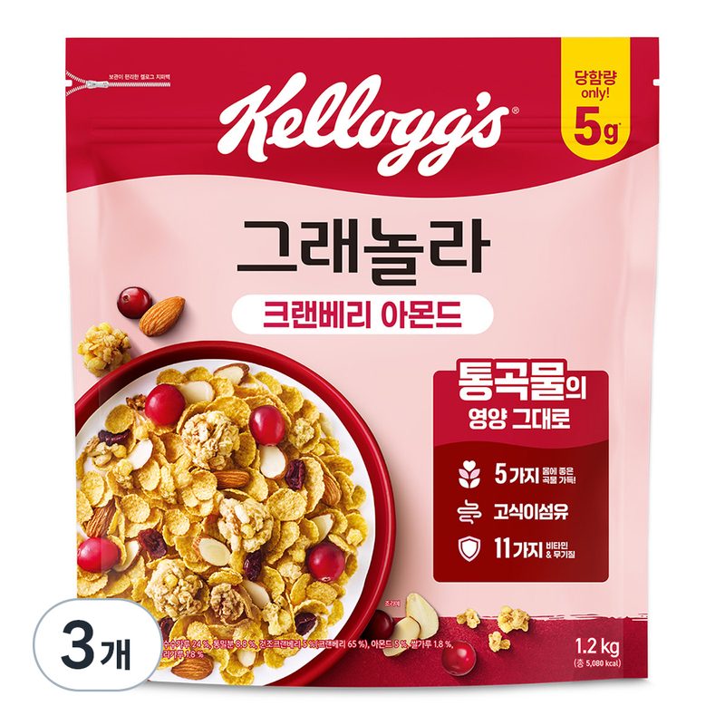 켈로그 크랜베리 아몬드 그래놀라 시리얼, 1.2kg, 3개