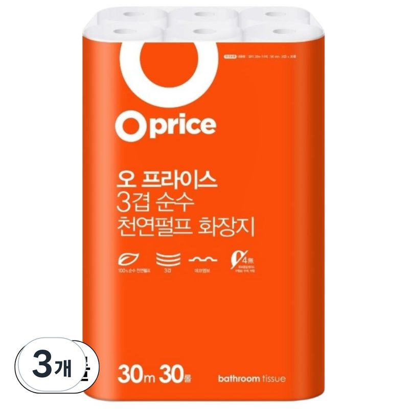 오프라이스 3겹 천연펄프 화장지 30롤 30m 대용량 두루마리 화장지, 