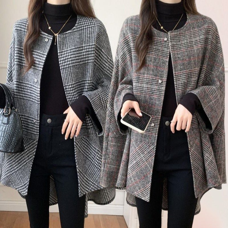 lacdi 봄가을 여성코트 케이프 망토 롱 체크 점퍼 오버핏 빅사이즈 심