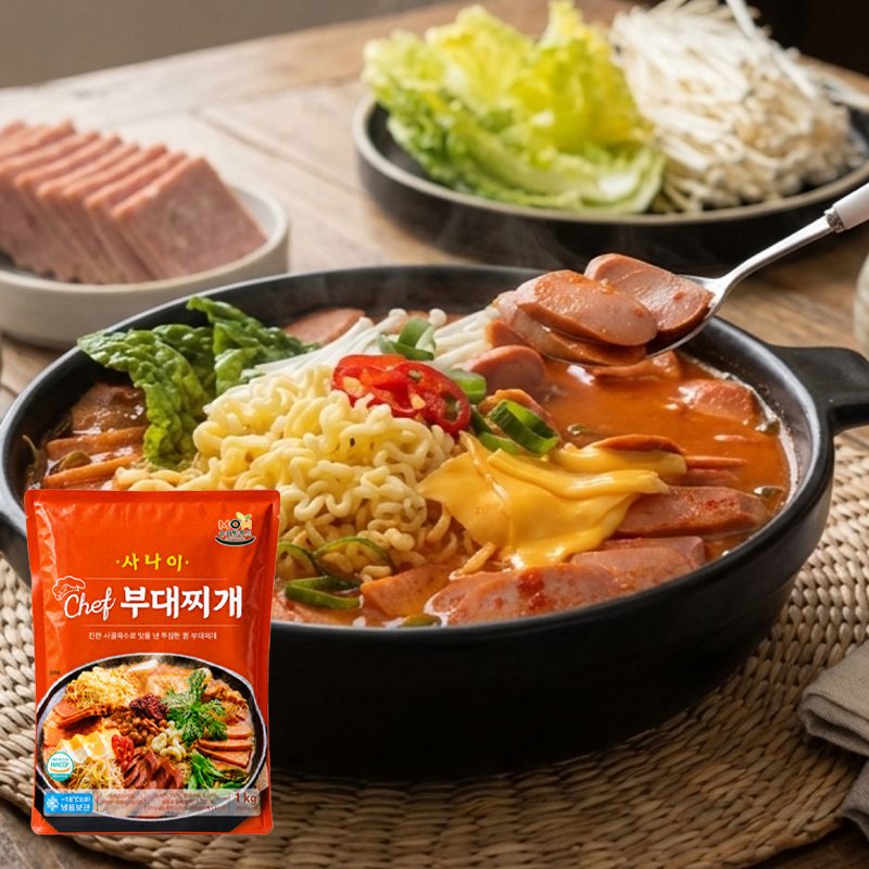 의정부식 얼큰한 부대찌개 밀키트 1kg 2팩 햄듬뿍 4~6인분 사나이쉐프