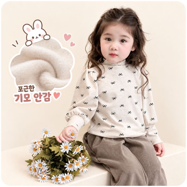 여아 기모 리본 티셔츠 110-150 반목 목폴라
