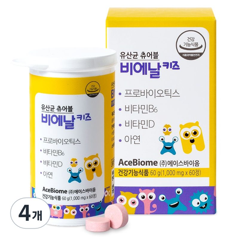 에이스바이옴 비에날 키즈 유산균 츄어블 60g, 60정, 4개