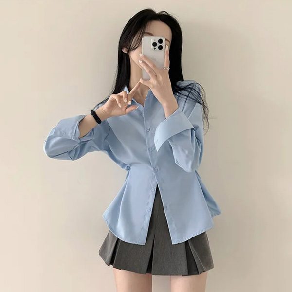 라라홀리 베이직 허리 라인 버튼 카라 긴팔 셔츠