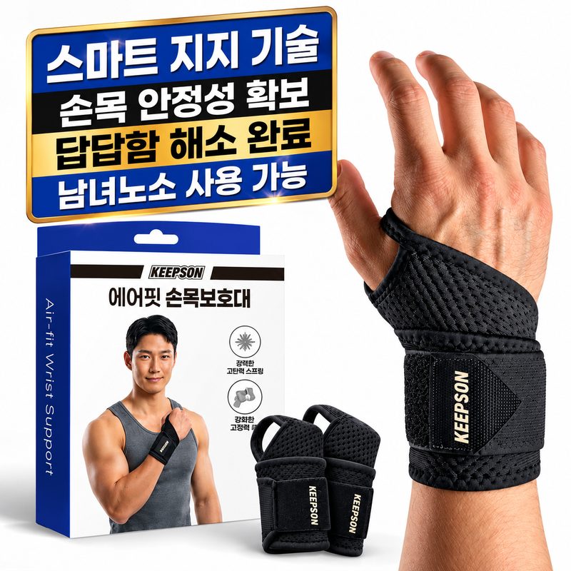 킵스온 고탄력 통기성 압박조절 손목보호대, 블랙, 1세트