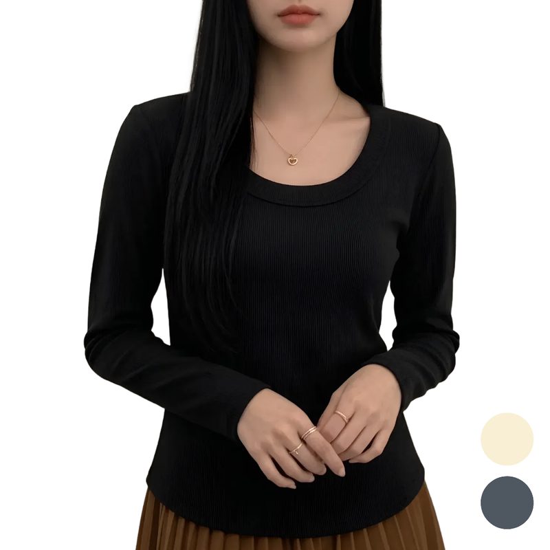 옐로우피치 여성긴팔티 U넥 피치기모 여자 기모티셔츠
