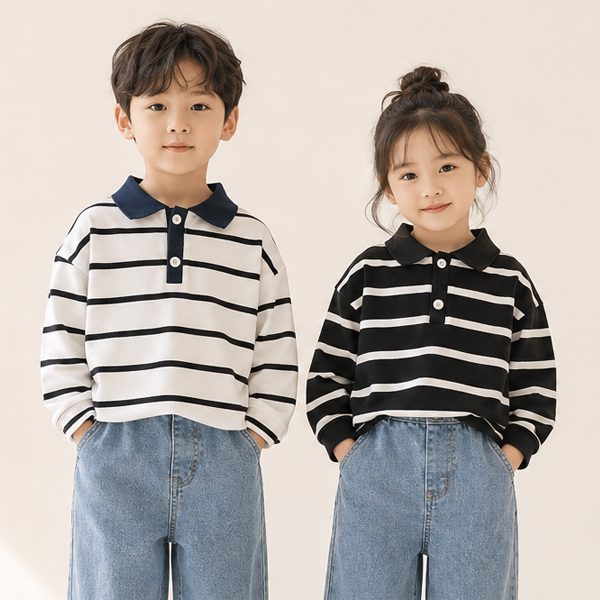[더사랑이] 1+1 남녀공용 키즈 아동복 라스 카라 스트라이프 긴팔티셔츠