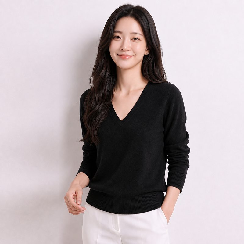미사813 여성 부드러운 모달 브이넥 베이직 무지 긴팔 니트 티셔츠