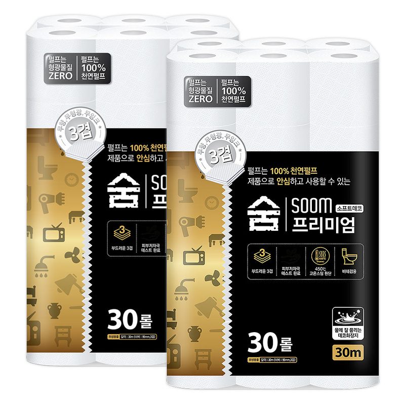 숨 프리미엄 블랙 3겹 30m x 2팩, 30m, 30개입, 2개