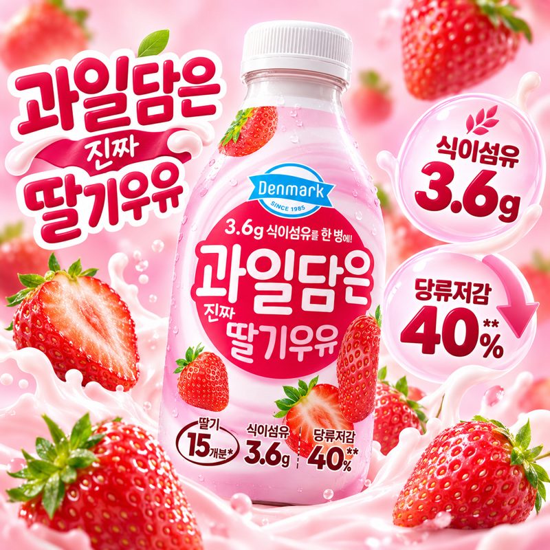 덴마크 딸기우유 딸기15개분 식이섬유3.6g 당류저감40%, 8개, 22