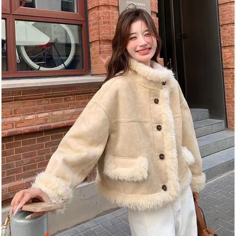 Seevary 가을겨울 여성 무스탕 자켓 루즈핏 숏 코트 인조털 안감 스