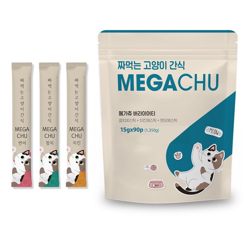 다시 돌아온 메가츄 짜먹는 고양이 간식 츄 90스틱 대용량, 2개, 연어