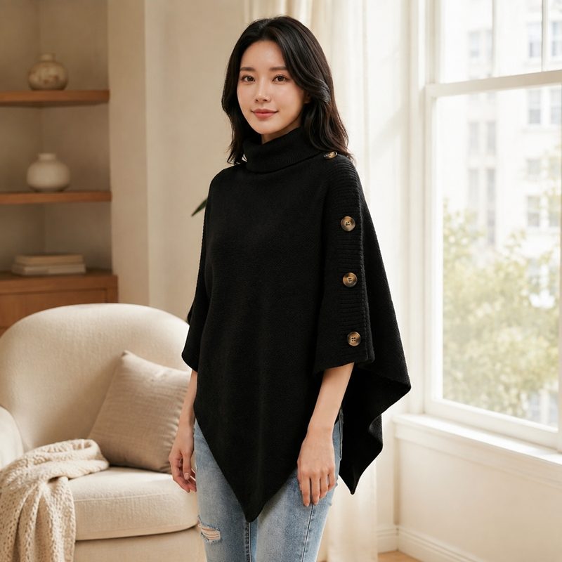 프리티글라라 여성 터틀넥 숄케이프 가디건 풀오버 망토