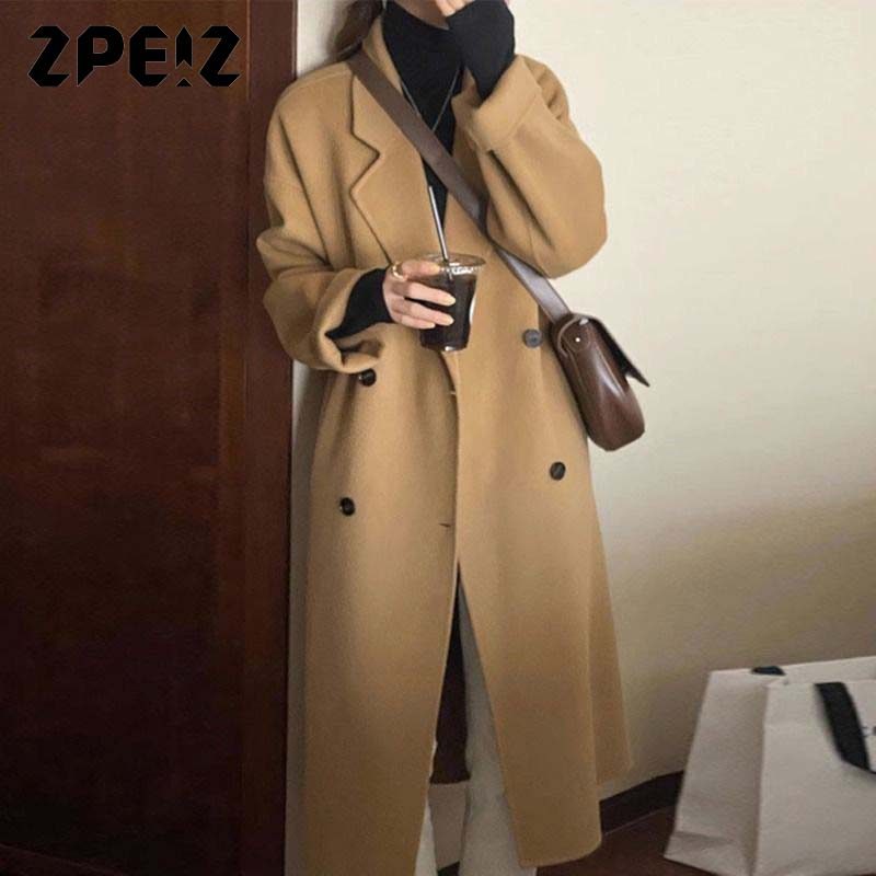 ZPEIZ 가을겨울 여성 울코트 루즈 실루엣 더블버튼 정장카라 모직외투,