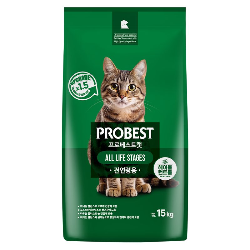 프로베스트 고양이 그린 전연령 기능성 사료, 헤어볼+장건강, 15kg, 