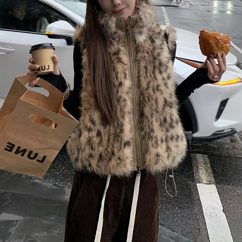 슬림소녀 여성 가을 겨울 레오파드 조끼 인조퍼 캐주얼 조끼